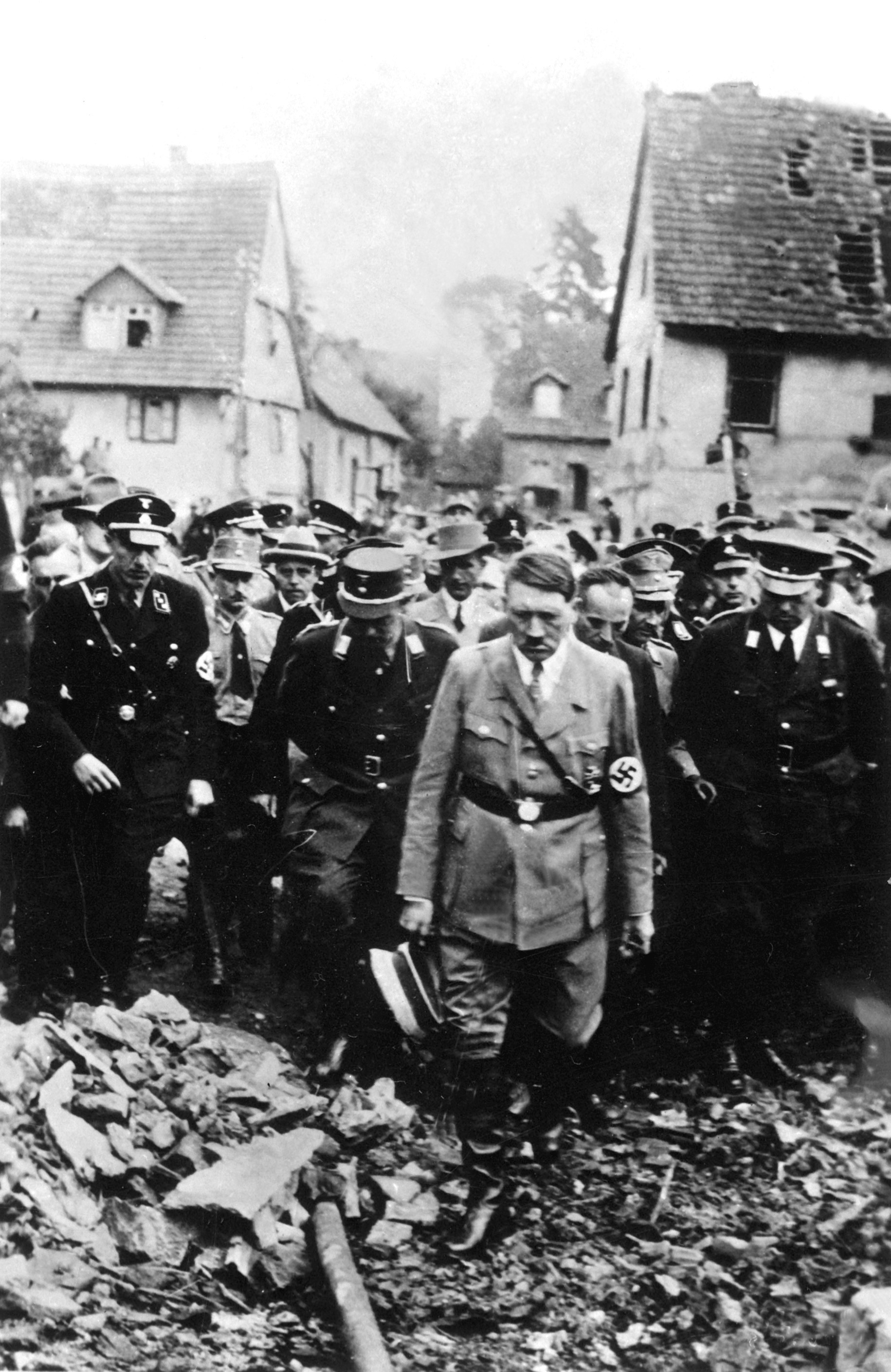 Adolf Hitler visits Oeschelbronn, Württemberg after a munitions plant explosion which destroyed 203 homes